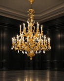 Palais Royal Grand Rococo Chandelier in 24K gold-plated copper with natural white crystal, studio view.