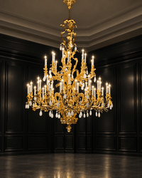 Palais Royal Grand Rococo Chandelier in 24K gold-plated copper with natural white crystal, studio view.