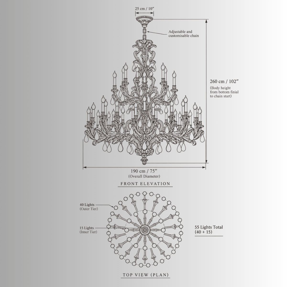 Technical drawing of Palais Royal Rococo Chandelier, Ø190 × H260 cm, with 55 lights and adjustable suspension.