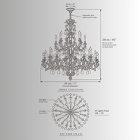 Technical drawing of Palais Royal Rococo Chandelier, Ø190 × H260 cm, with 55 lights and adjustable suspension.