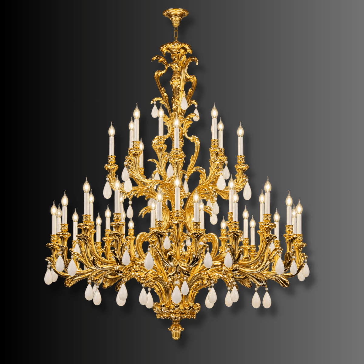 French Rococo Palais Royal chandelier in 24K gold-plated copper with natural crystal on a dark background.