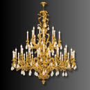 French Rococo Palais Royal chandelier in 24K gold-plated copper with natural crystal on a dark background.