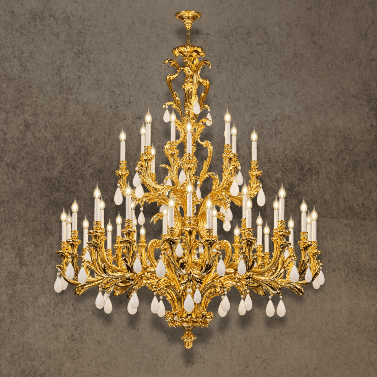 Palais Royal Grand Rococo Chandelier in 24K gold-plated copper with natural crystal and 55 lights.