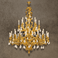 Palais Royal Grand Rococo Chandelier in 24K gold-plated copper with natural crystal and 55 lights.