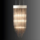 Side view of Petra Argent rectangular chandelier with cascading vertical glass rods and warm layered illumination