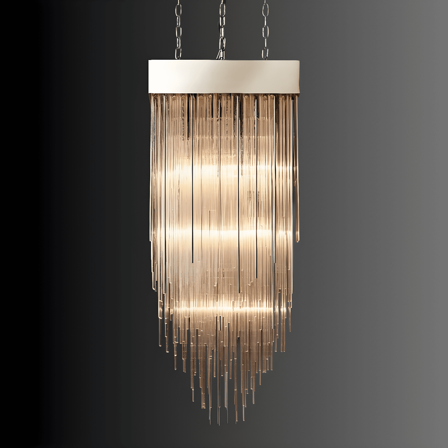 Side view of Petra Argent rectangular chandelier with cascading vertical glass rods and warm layered illumination