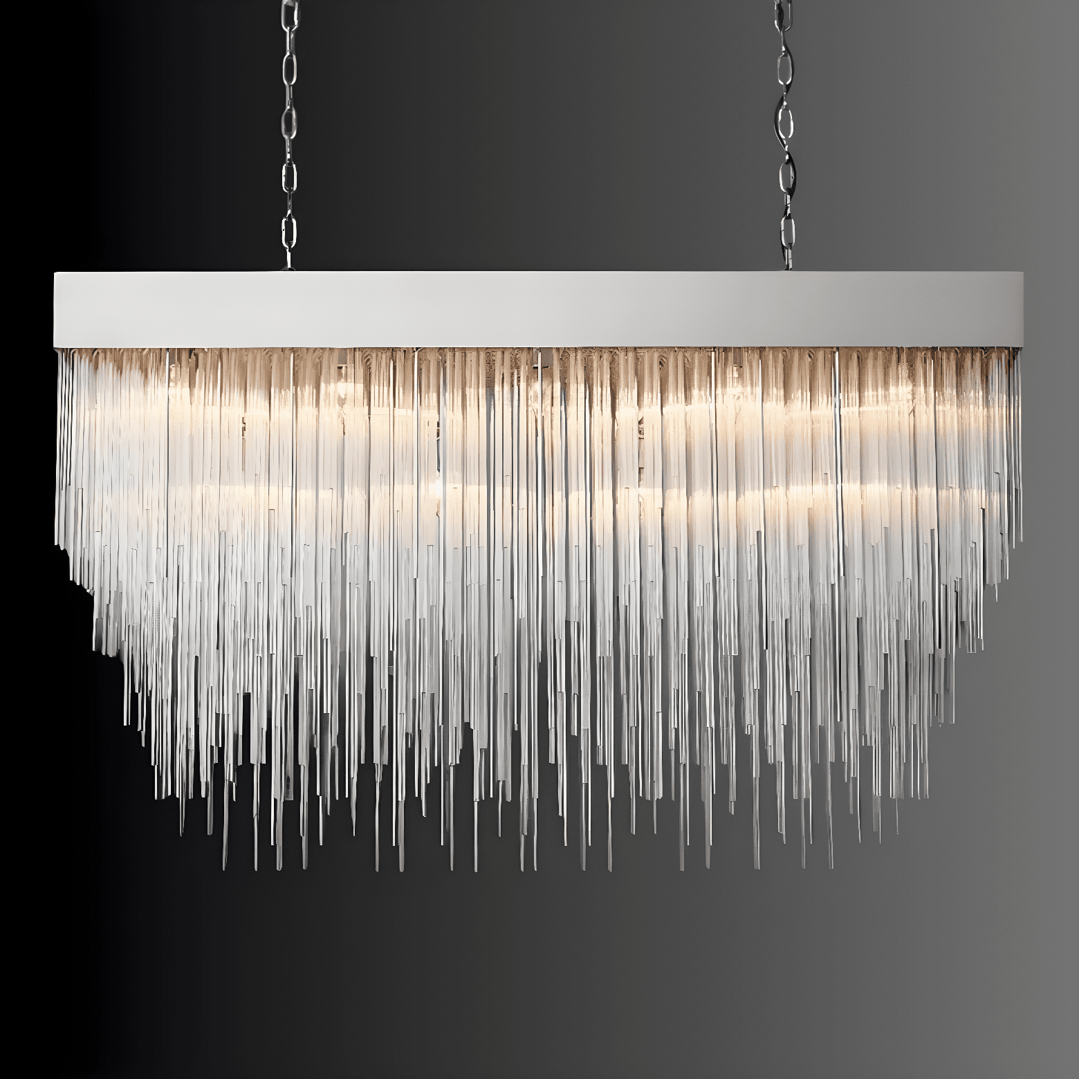 Front view of Petra Argent rectangular chandelier, silver body with hand-set glass rods for refined interiors.