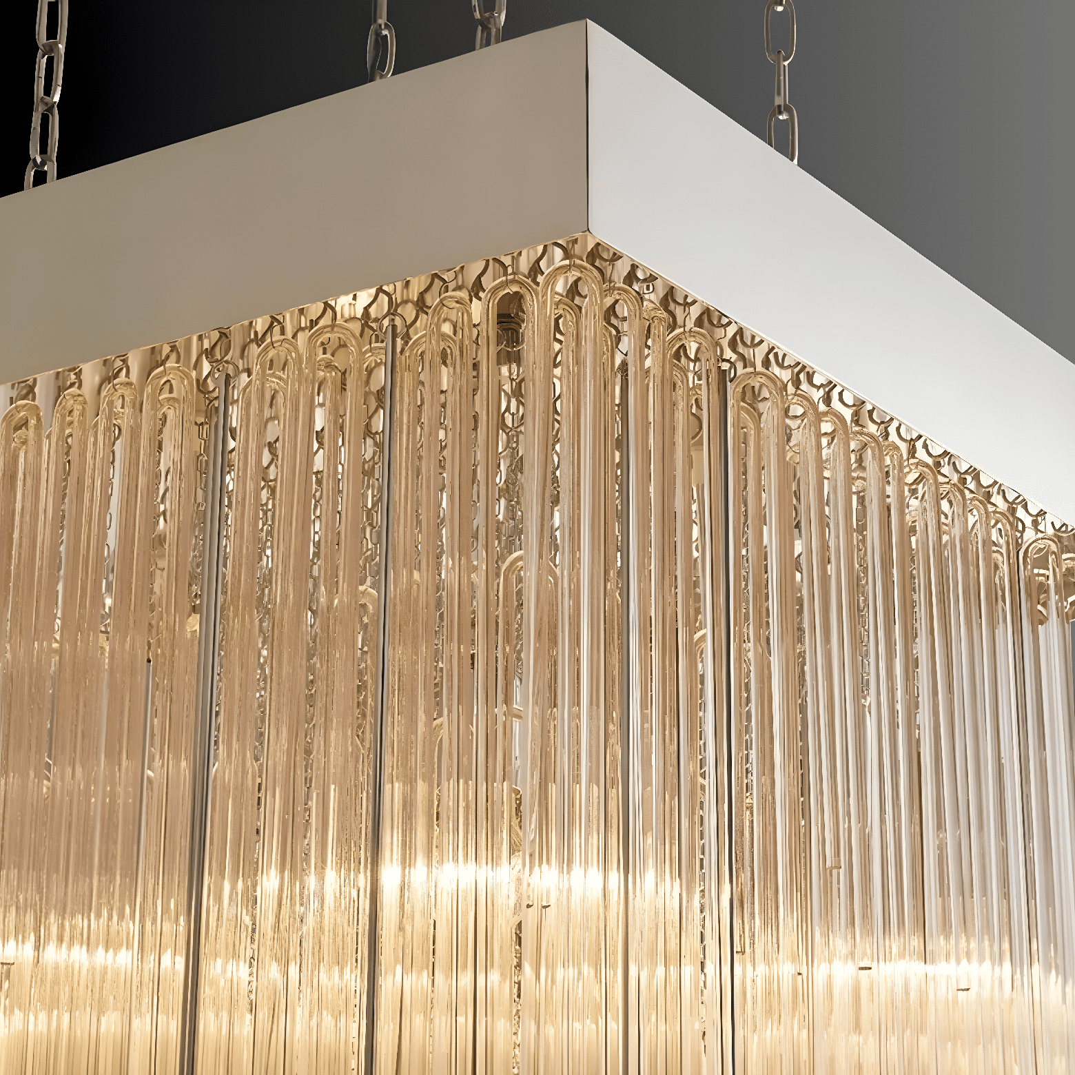 Close-up of Petra Argent chandelier detailing, showcasing silver frame and precision-cut glass rods.