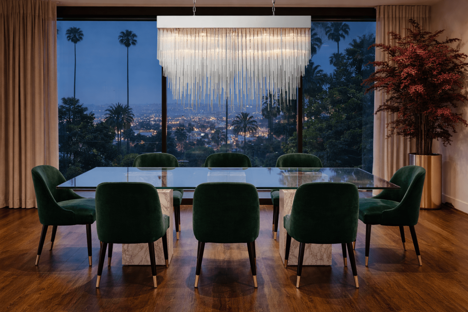 Petra Argent rectangular chandelier above a luxury dining table, silver linear lighting for upscale American homes.