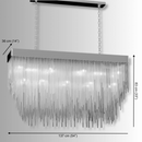Dimensions of Petra Argent rectangular chandelier showing 137cm length, silver finish, and cascading glass design.