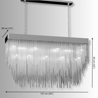 Dimensions of Petra Argent rectangular chandelier showing 137cm length, silver finish, and cascading glass design.