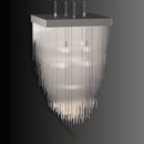 Angled view of Petra Argent Square chandelier with layered glass rods and refined silver finish for contemporary interiors