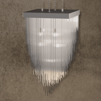 Petra Argent Square chandelier with architectural glass rods and silver-toned frame, sculptural luxury lighting design.