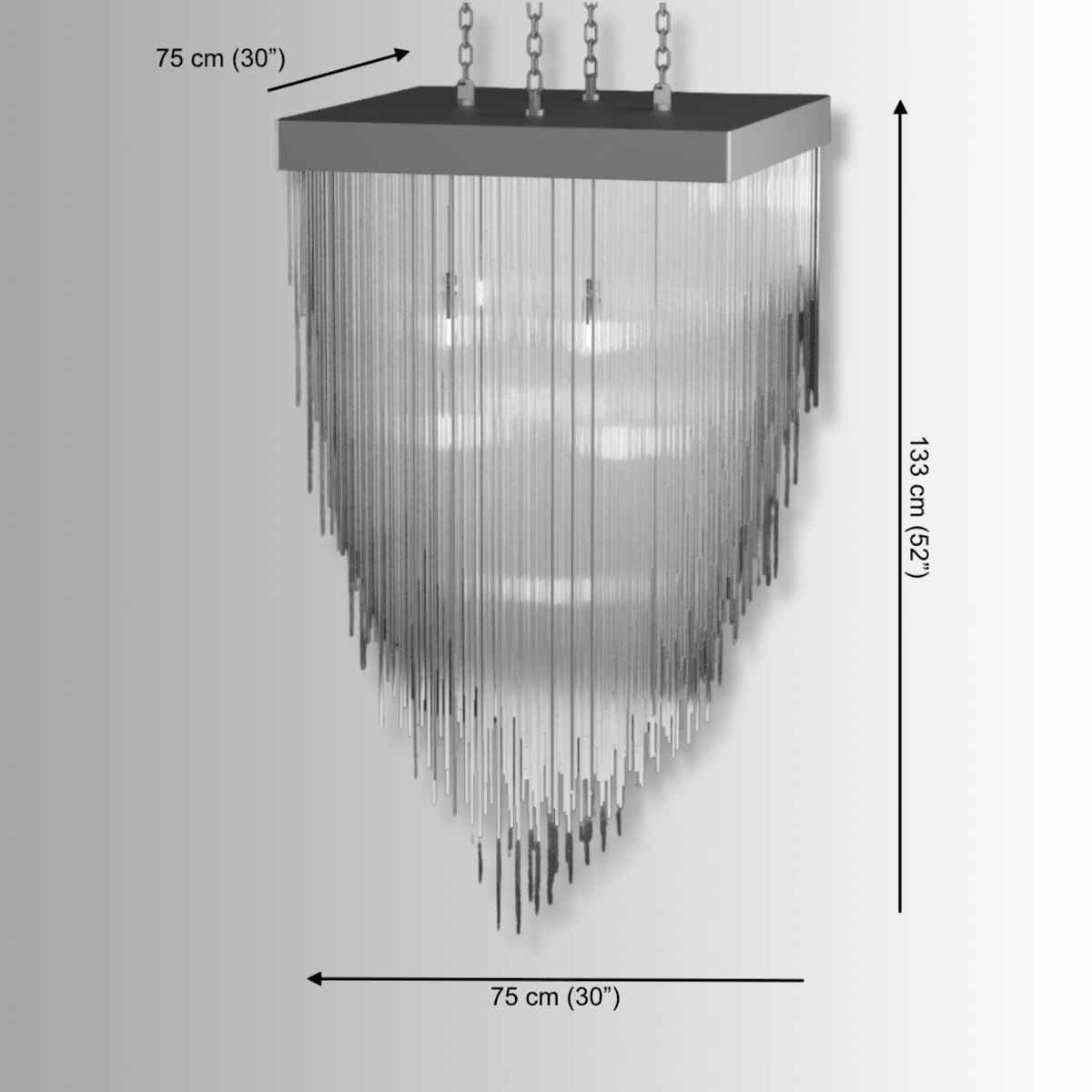 Petra Argent Square chandelier dimensions showing 75cm width and 133cm height, architectural glass lighting for modern interiors