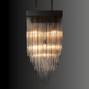 Side view of Petra Obsidian rectangular chandelier with cascading glass rods and warm layered illumination