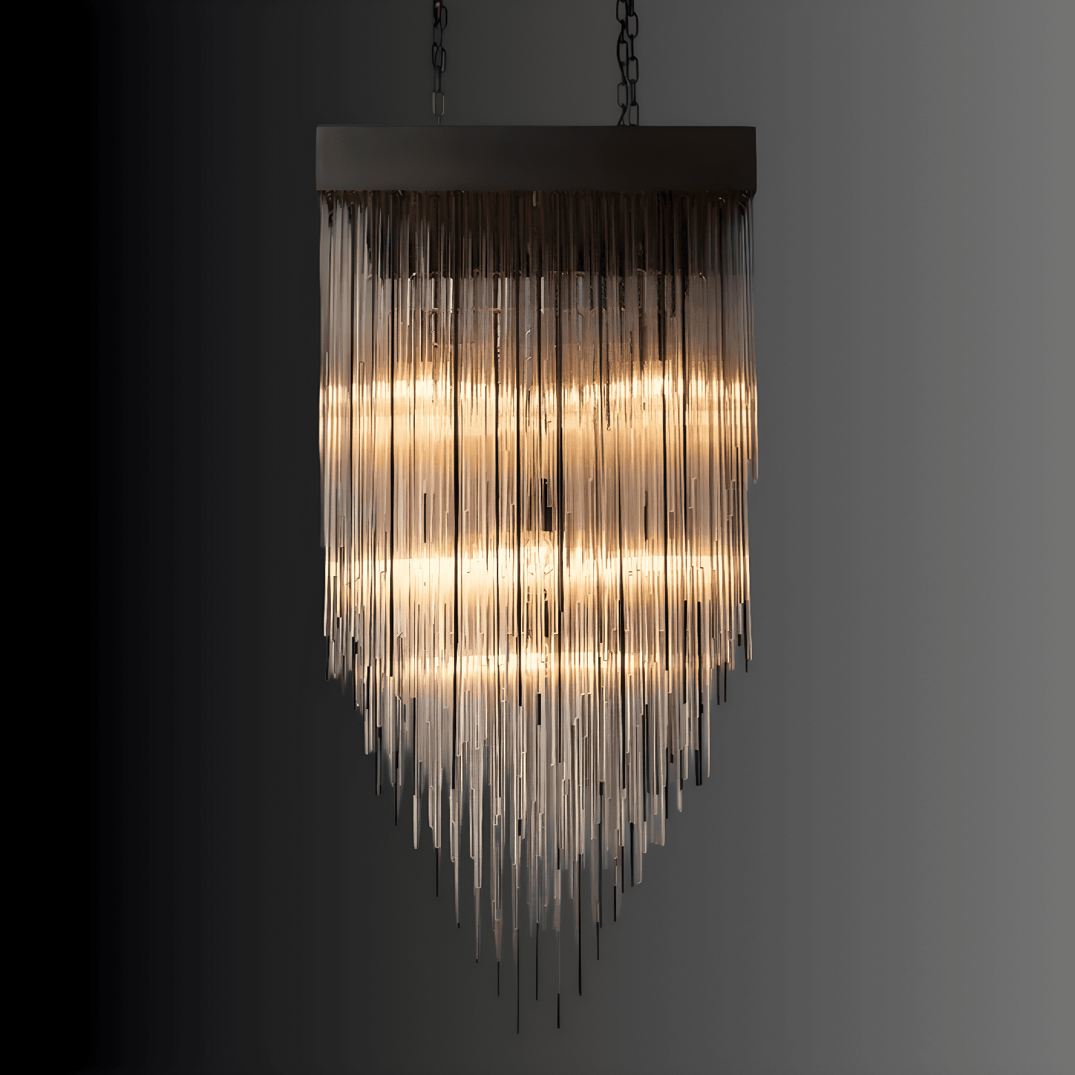 Side view of Petra Obsidian rectangular chandelier with cascading glass rods and warm layered illumination