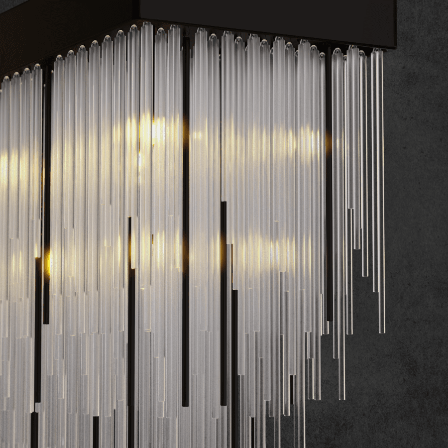 Close-up of Petra Obsidian rectangular chandelier with layered vertical glass rods and warm ambient glow