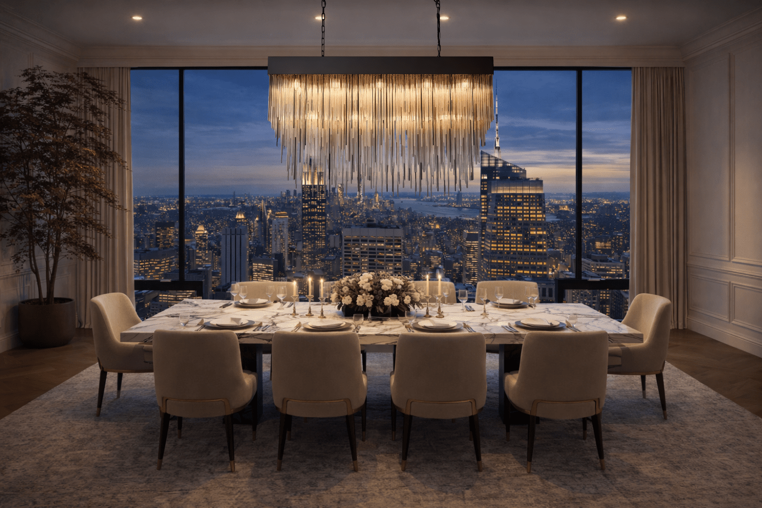 Petra Obsidian rectangular chandelier above luxury dining table, matte black architectural lighting in modern city home.
