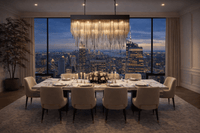 Petra Obsidian rectangular chandelier above luxury dining table, matte black architectural lighting in modern city home.