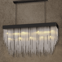 Petra Obsidian rectangular chandelier in matte black with cascading glass rods, contemporary architectural lighting design.