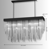 Petra Obsidian rectangular chandelier dimensions showing 137cm length, matte black finish, and cascading glass rods.