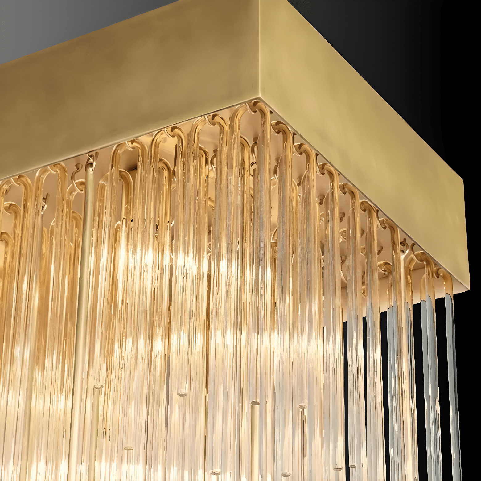 Close-up of Petra Square Chandelier showing brass canopy and precision-aligned architectural glass rods.