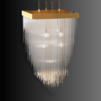 Angled view of Petra Square Chandelier in brass gold, showcasing layered glass rods and refined architectural form.
