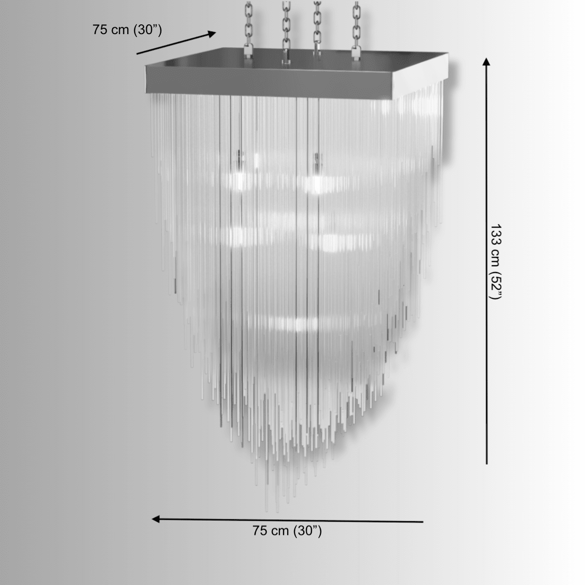 Dimensions of Petra Square Chandelier showing 75cm width and 133cm height, designed for luxury dining spaces.
