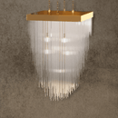 Petra Square Chandelier in brass gold with architectural glass rods, sculptural luxury lighting for high-end interiors.