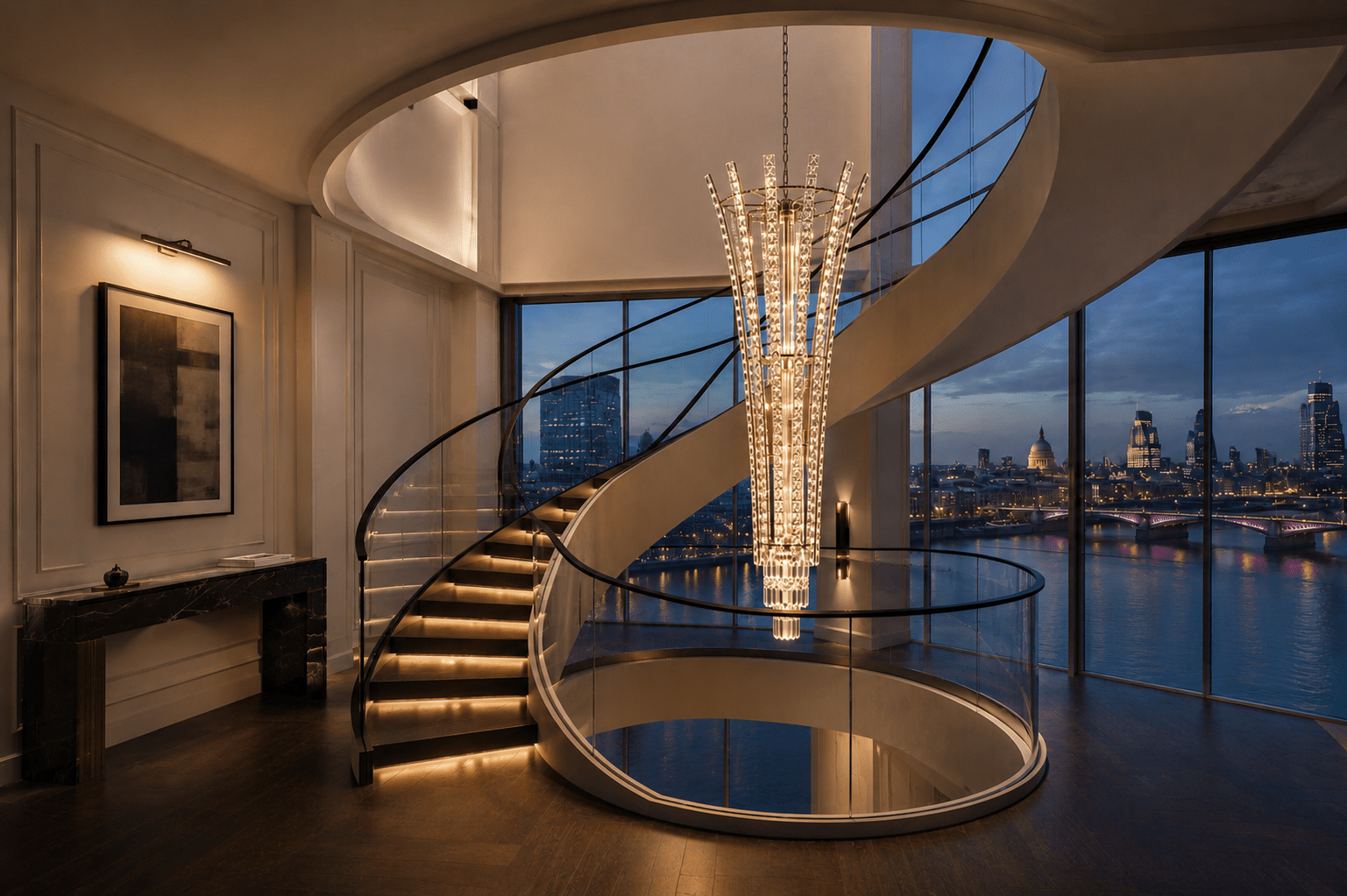 Plaza Crown Column Crystal Chandelier above a luxury spiral staircase in a London penthouse interior