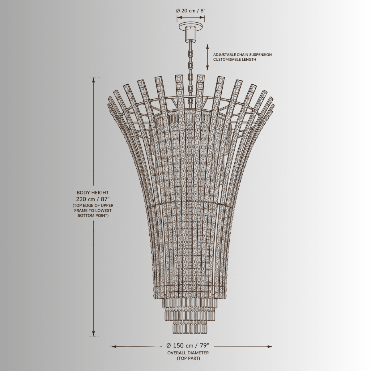 Plaza Crown Crystal Chandelier CAD drawing with dimensions, front elevation and adjustable chain suspension