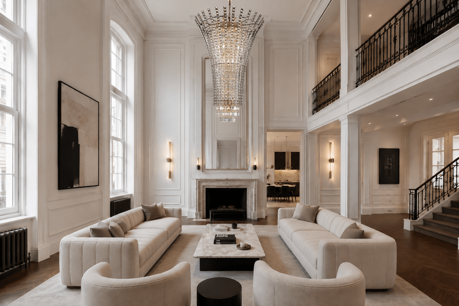 Plaza Crown Crystal Chandelier in a luxury double-height Chelsea London living room with premium crystal lighting