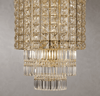Close-up of the Plaza Crown Crystal Chandelier with tiered crystal prisms and luxury gold-plated finish