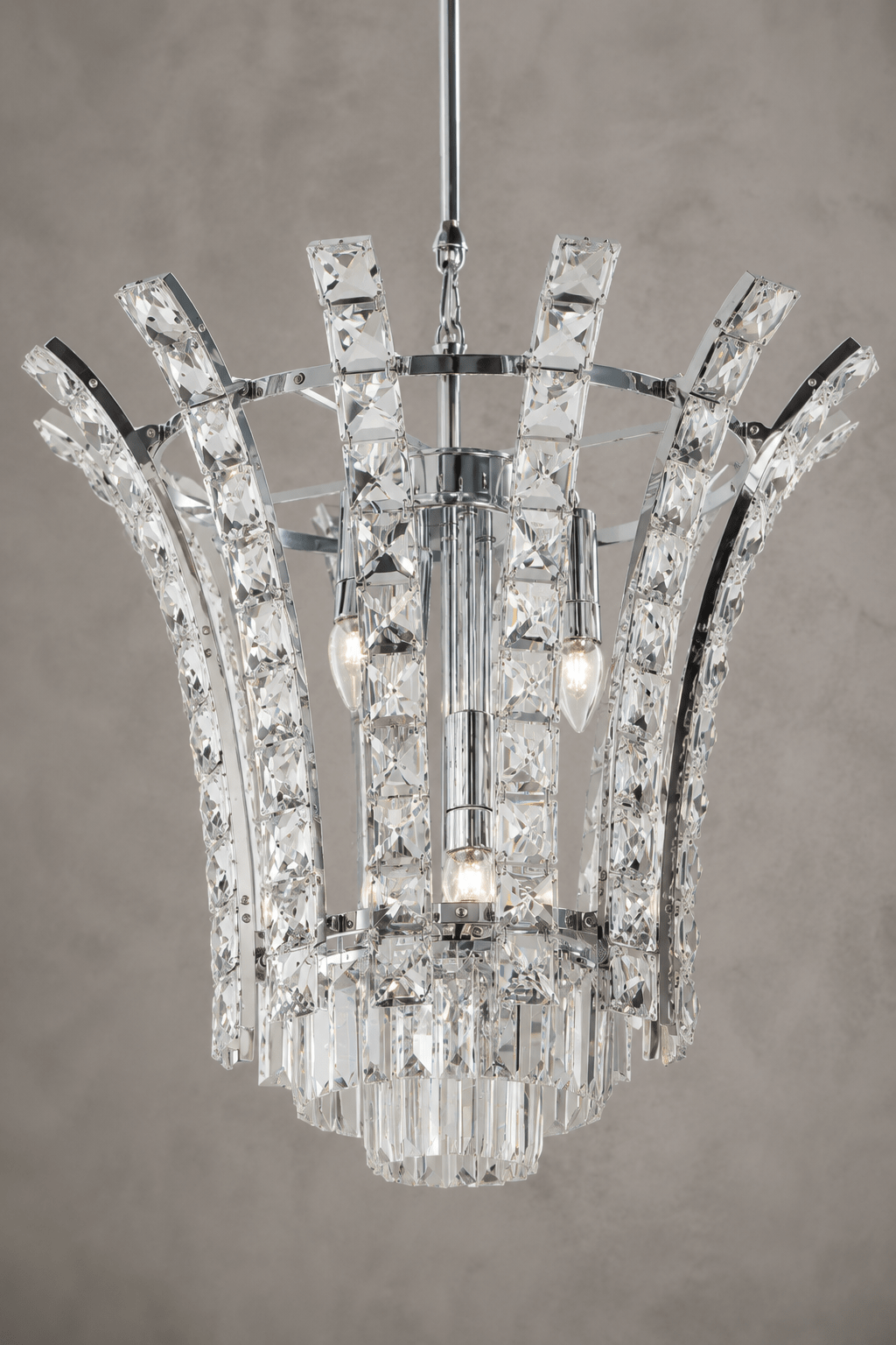 Close-up of the Plaza Crown Crystal Pendant featuring precision-cut crystal and polished chrome finish