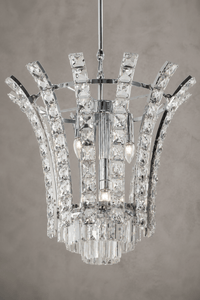 Close-up of the Plaza Crown Crystal Pendant featuring precision-cut crystal and polished chrome finish