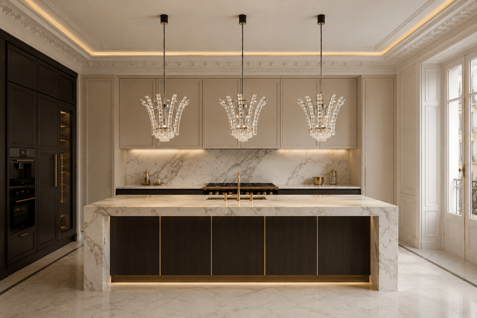 Three Plaza Crown Crystal Pendant lights above a luxury marble kitchen island in a modern Paris residence