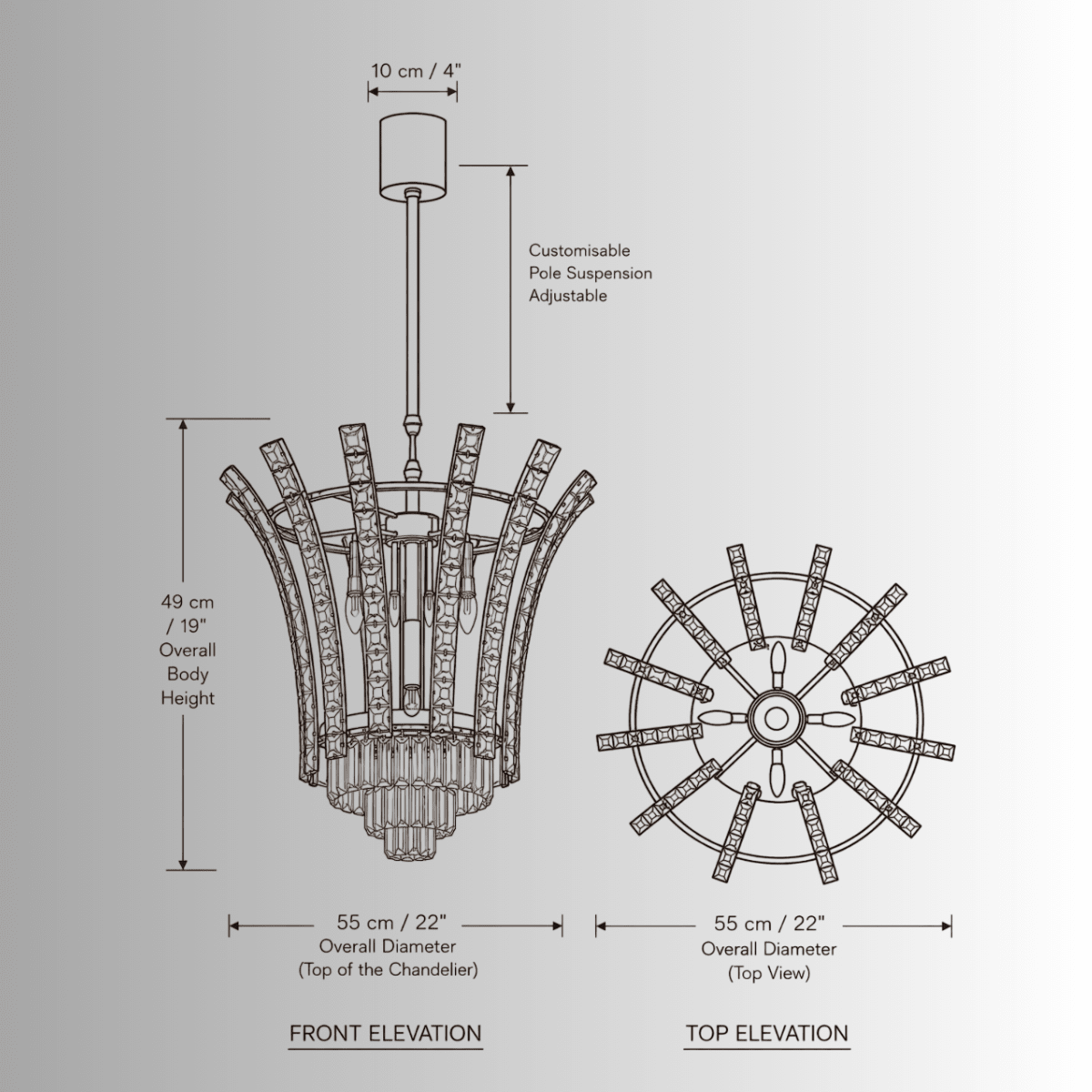 Plaza Crown Crystal Pendant CAD technical drawing with front and top elevations and dimensional specifications
