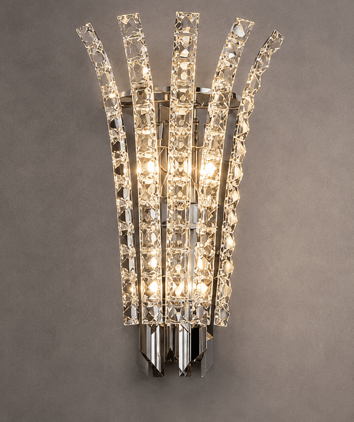 Plaza Crown Crystal Wall Sconce in polished chrome with precision-cut crystal for luxury interiors