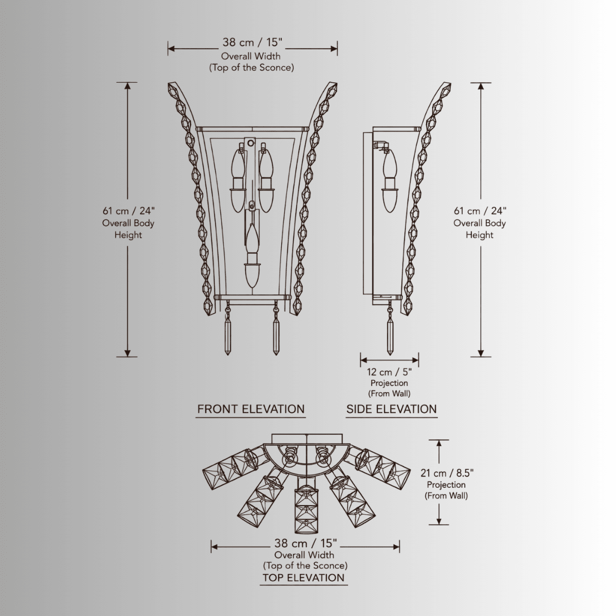 Plaza Crown Crystal Wall Sconce CAD technical drawing with front, side and top elevations and dimensions