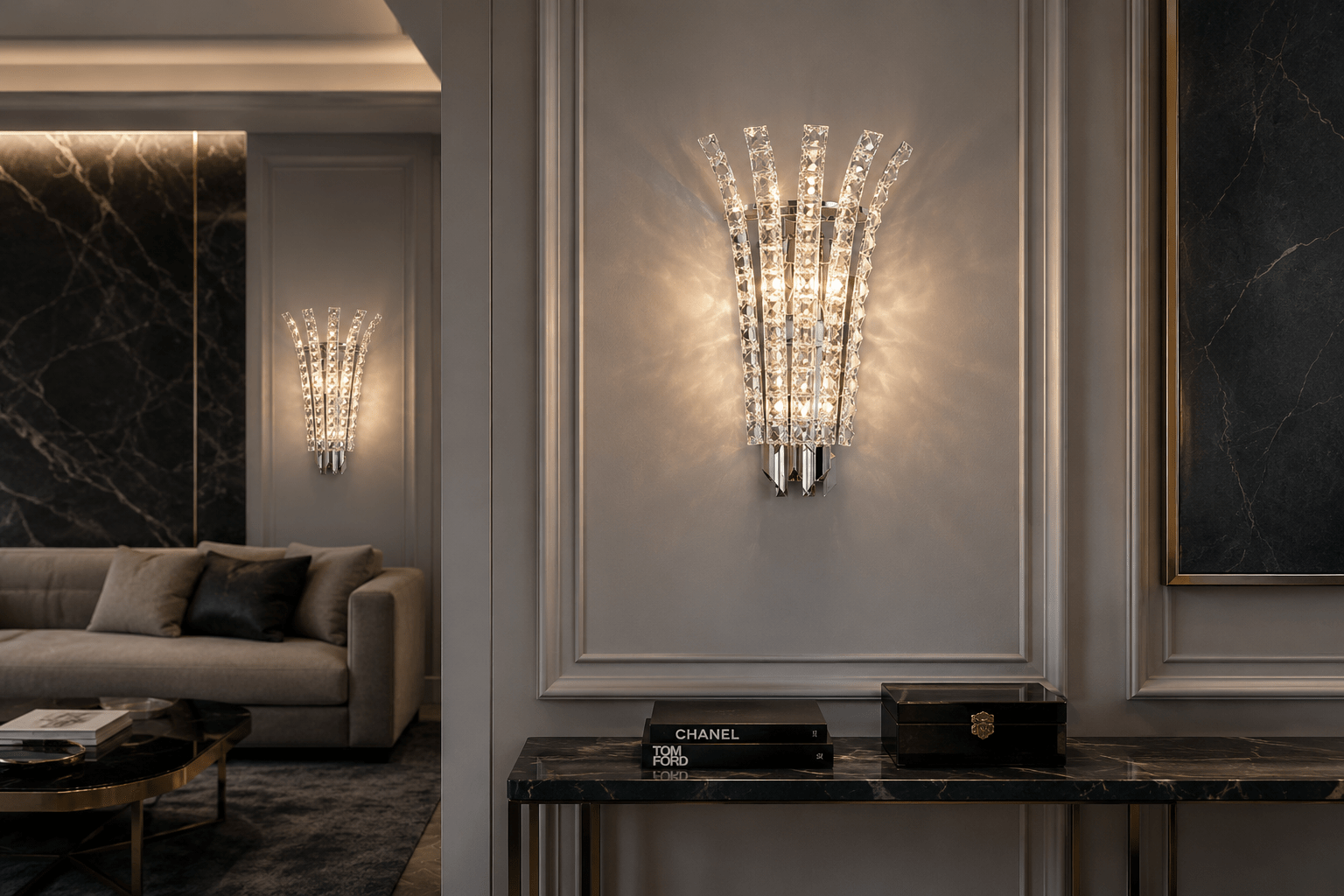 Plaza Crown Crystal Wall Sconce illuminating a luxury contemporary living room with polished chrome and crystal