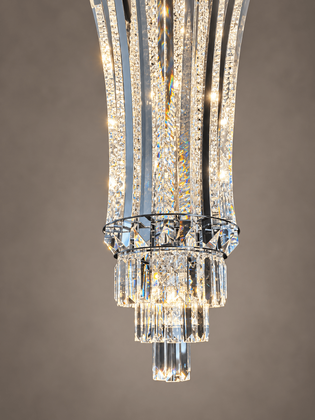 Detailed view of Plaza Crown Prism solid crystal blades, polished stainless steel frame and illuminated central crystals.