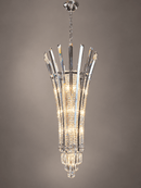 Plaza Crown Prism luxury staircase crystal chandelier featuring elongated solid crystal prisms and polished chrome details.
