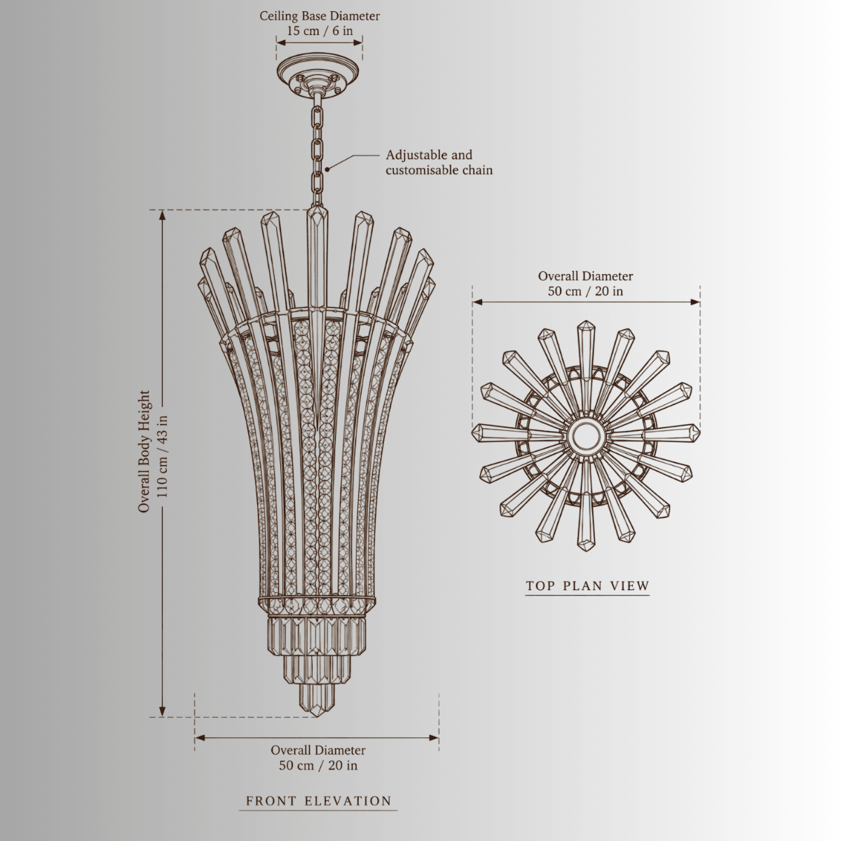 Plaza Crown Prism chandelier technical drawing showing 50 cm diameter, 110 cm body height and 15 cm ceiling canopy.