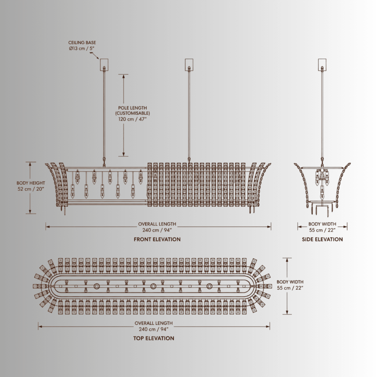 Plaza Crystal Linear Grande Chandelier CAD drawing with front, side and top elevations and dimensions