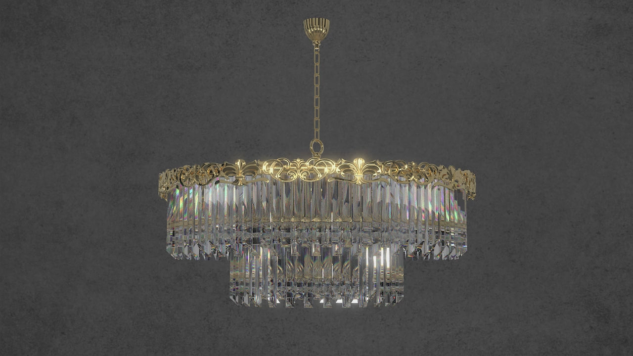 Video preview of the La Scala Crystal Conte chandelier showing its luminous gold and crystal design from the HDLS Lighting La Scala Collection.