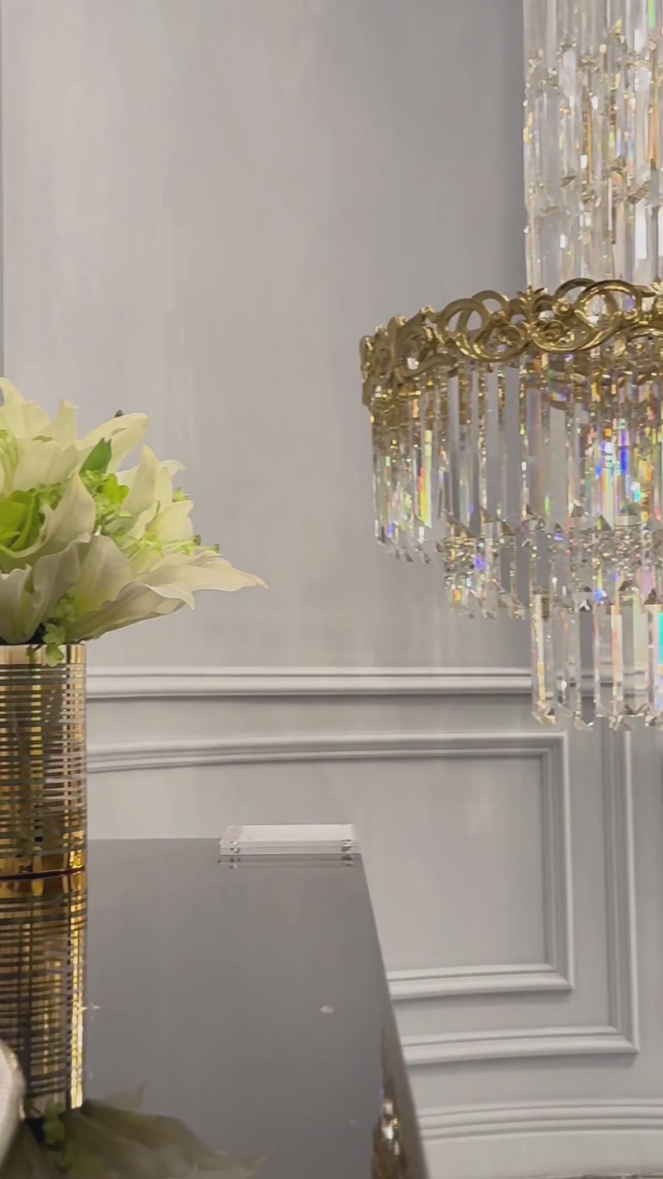 La Scala Crystal Duca luxury crystal chandelier by HDLS Lighting, filmed in the HDLS studio with 18K gold-finished detailing.