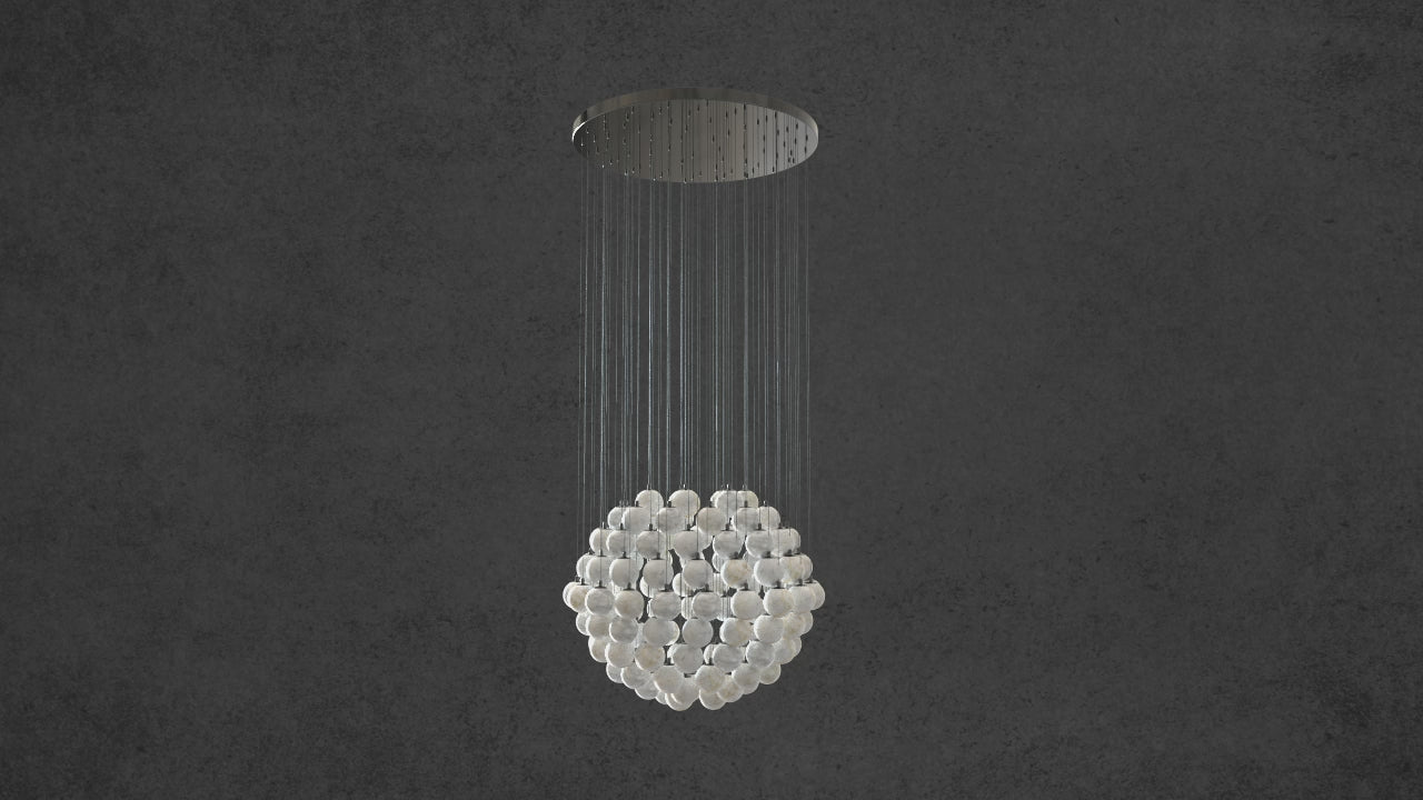 3D visualisation of alabaster chandelier showing vertical suspension and sphere cluster.