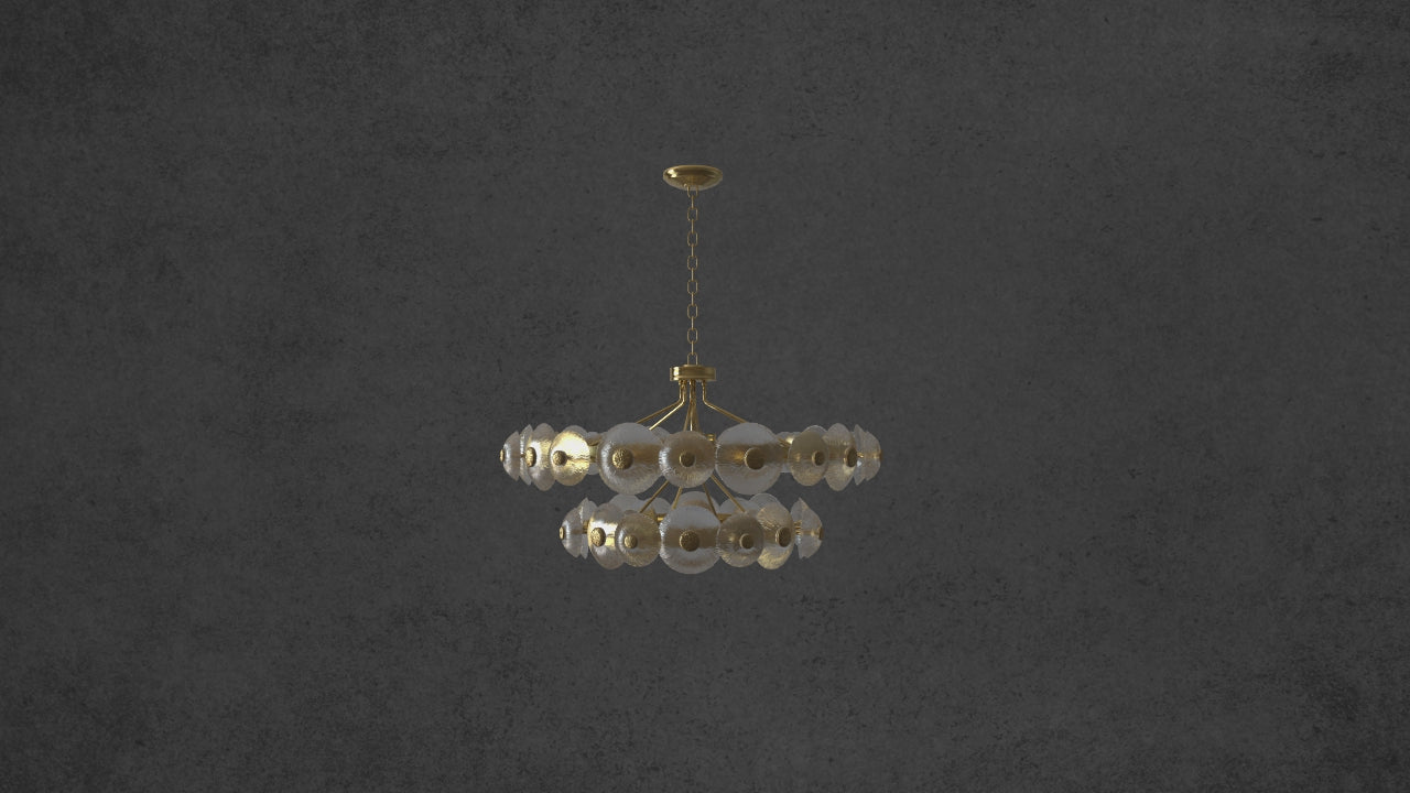 Video preview of the Modernus Halo chandelier showing suspended Murano-style glass discs glowing softly in a modern interior environment.