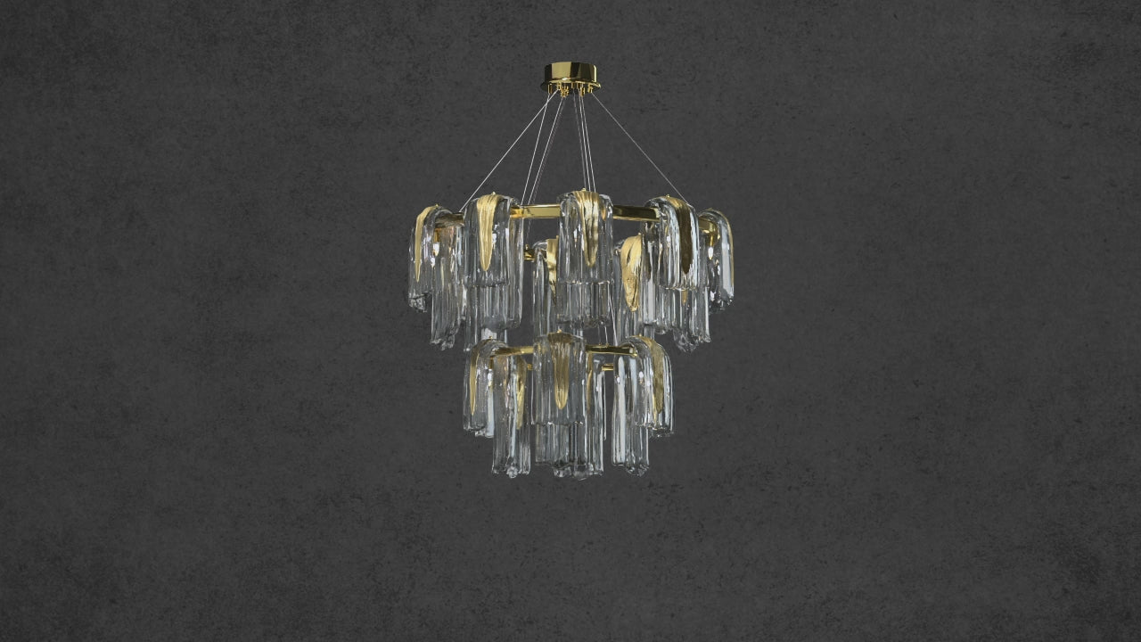 Video preview of Aurora Maestra chandelier showcasing its double-tier brass frame and artisan-formed Murano-style glass ribbons.