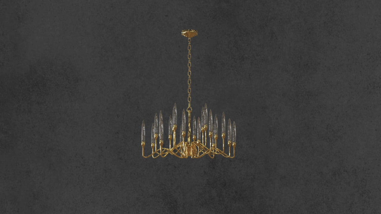 Video thumbnail of the Luce di Roma Theia chandelier showing sculptural 20-arm gold structure with illuminated crystal.